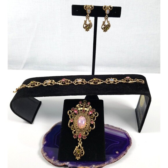 Vintage 1970's Sarah Conventry Contessa Faux Fire Opal Bracelet Brooch Clips Set - Picture 2 of 16